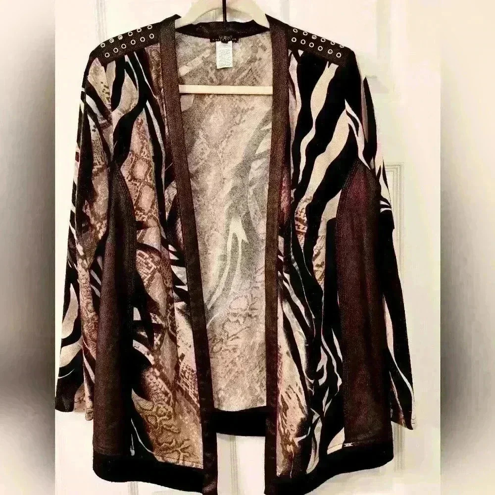 Vex Collection Open Cardigan Sweater Black and Creams long Sleeve Size 44 #165